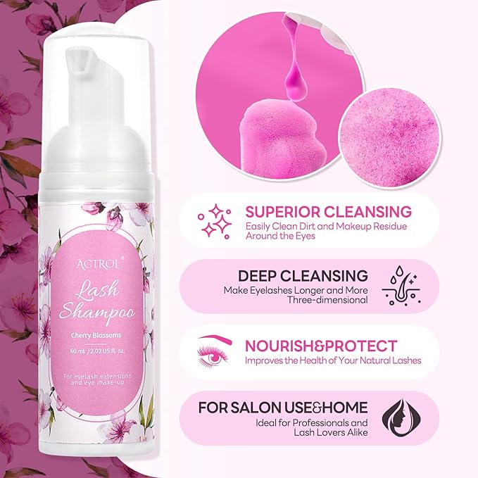 Eyelash Extension Cleanser 60ML Colored Pink Cherry Blossoms Lash Extension Shampoo Lavender Professional Eyelid Foaming Cleanser Paraben & Sulfate Free Non-lrritating