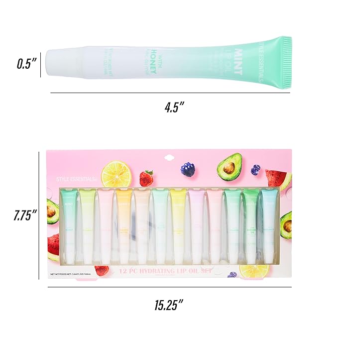 12pc Lip Oil Set - Flavored Lip Oils Value Pack, Hydrating Lip Oils w/Squeeze Tube Application, Moisturizing Lip Oil Collection for Everyday Lip Care and Lip Repair (FRUITS)