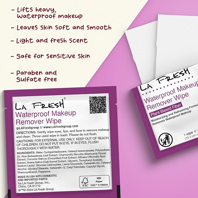 La Fresh 24/7 Makeup Remover Wipes, Easily Remove Waterproof Makeup and Moisturizing, Pack of 50 Individually Wrapped Wet Wipes, Skincare Travel Essentials