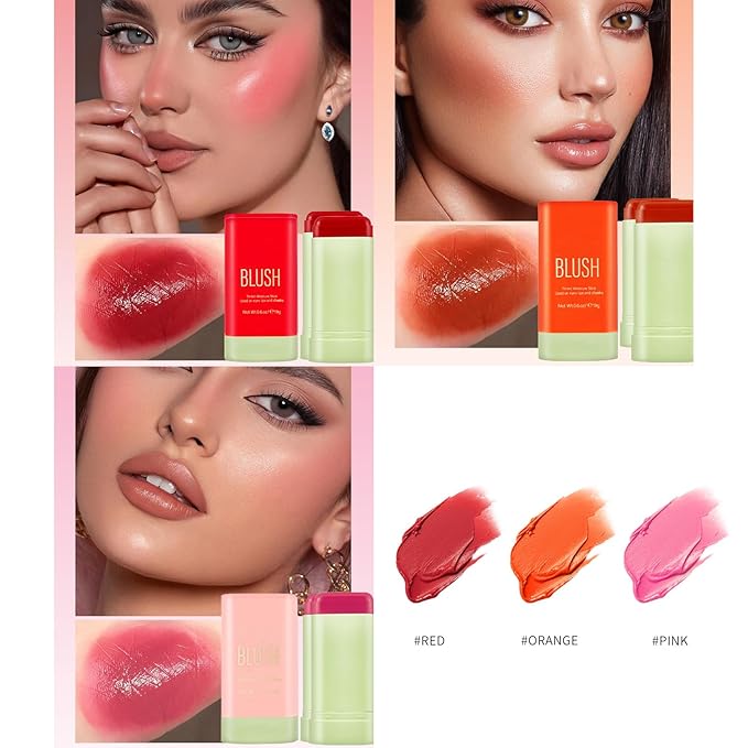 3Pcs Multi-Use Makeup Blush Stick, Tinted Solid Cream Blush Stick for Cheek & Eyes & Lips, Hydrating Long Lasting Lightweight Blendable Natural Nude Makeup Blush Stick