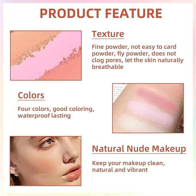 4 in 1 Blush Palette, 4 Colors Matte Face Powder Blush for Cheek, Coral Orange, Hot Pink, Lavender Purple, Refresh Green Face Rouge Long Lasting High Pigment Lightweight Korean Blush Makeup04#