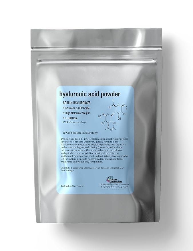 Hyaluronic Acid Powder (2 oz. / 56 grams) 1800 kDa+ Pure Hyaluronic Acid Powder Natural Cosmetic Grade, Hyaluronic Acid High Molecular Weight Powder, DIY Hyaluronic Acid Serums