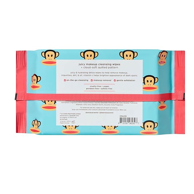 x Paul Frank Juicy Makeup Cleansing Wipes - 60 Count – makeup wipes and makeup remover for face – Oil-Free makeup remover wipes (Radiant Vitamin C)