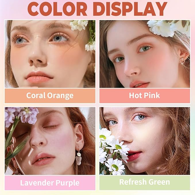 4 in 1 Blush Palette, 4 Colors Matte Face Powder Blush for Cheek, Coral Orange, Hot Pink, Lavender Purple, Refresh Green Face Rouge Long Lasting High Pigment Lightweight Korean Blush Makeup04#