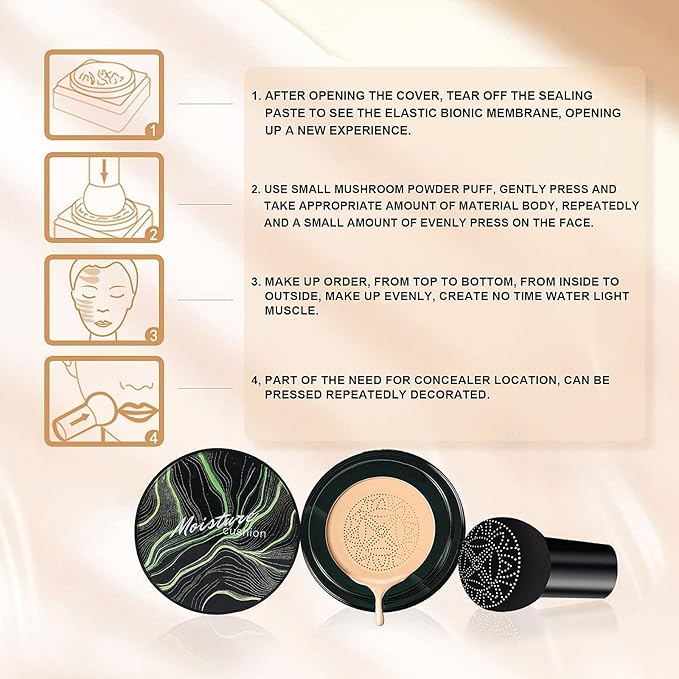 Mushroom Head Air Cushion CC Cream Foundation- Brightening Color Changing Foundation for Older Women, Moisturizing Full Coverage Self Adjusting Concealer Long-Lasting, Natural Finish (Buff Beige)