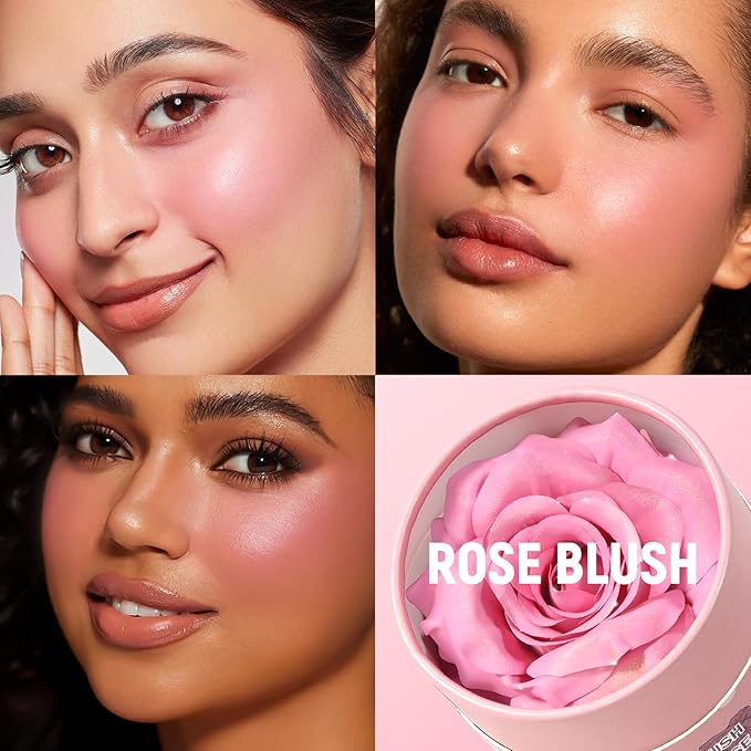 3D Rose Petal Blush for Cheeks, Soft Pink Cream to Powder Flower Blush Makeup Gift for Women, Natural Nude Dewy Finish Shimmer Buildable Face Rouge Rubor Highlighter Contour Makeup-Soft Pink