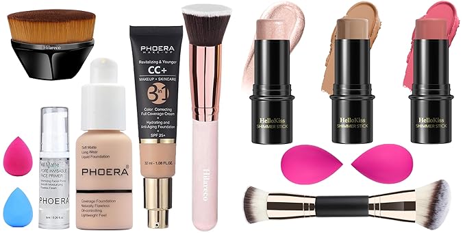 PHOERA Foundation,PHOERA CC+ Cream Color Correcting Anti Aging Hydrating Serum &SPF 25+,3 Pcs Cream Contour Stick Makeup Kit, Shades with Highlighter Stick, Blush Stick and Bronzer Contour Stick