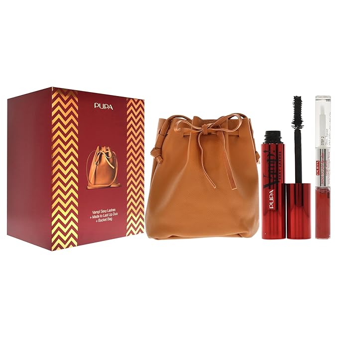 PUPA Milano Vamp! Sexy Lashes And Made To Last Lip Duo Set - Lengthens And Separates Lashes - Defines Lips, Adds Color And Shine - Paraben-Free Formula - Mascara, Lipstick And Bag - 3 Pc Mascara Kit
