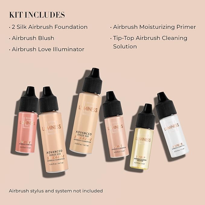 Luminess Silk 4-in-1 Airbrush Foundation Makeup Starter Kit - Medium Coverage, 6-piece - Includes 2x Silk Airbrush Foundation, Blush, Glow Highlighter, Moisturizer Primer & Airbrush Cleaning Solution