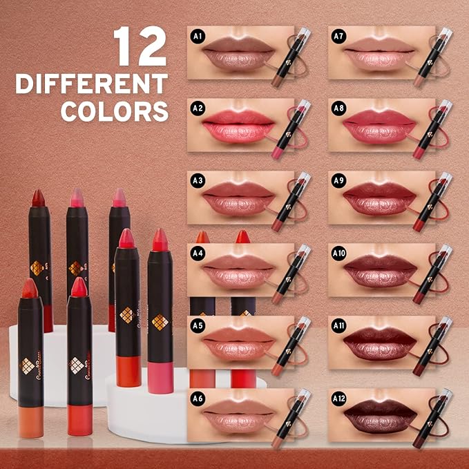 Matte Lipstick Set - 12-Piece Lip Crayon Set With Nude, Pink, Mauve & Red Shades - Waterproof, Long-Wearing Smudge Proof Lipstick Formula with Rich Colors & Pigments