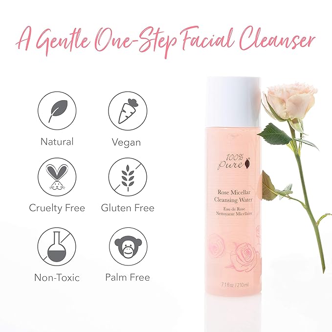 100% PURE Rose Micellar Cleansing Water, Hydrating Makeup Remover, Daily Skin Care for All Skin Types, Soothing Micellar Water, Natural Skin Care - 7.1 Fl Oz