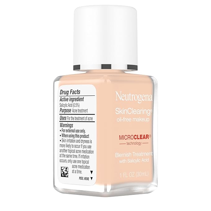 Neutrogena SkinClearing Oil-Free Acne and Blemish Fighting Liquid Foundation with.5% Salicylic Acid Acne Medicine, Shine Controlling Makeup for Acne Prone Skin, 40 Nude, 1 fl. oz