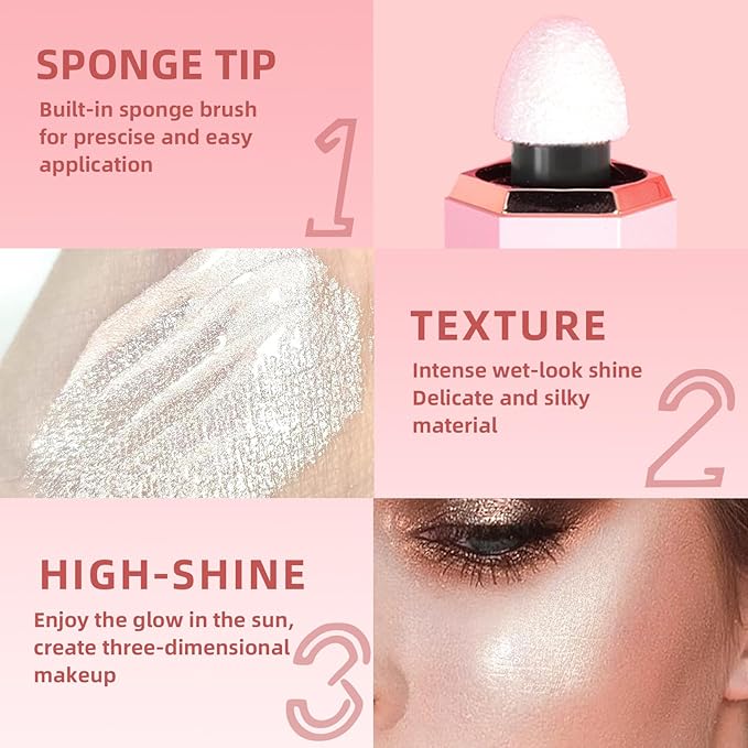 Liquid Highlighter, Natural Glow Liquid Luminizer, High Glossy Cream Highlighter Makeup with Cushion Applicator, Smooth Silky Lightweight Liquid Illuminator for Face & Body, Shake to Use-Gold