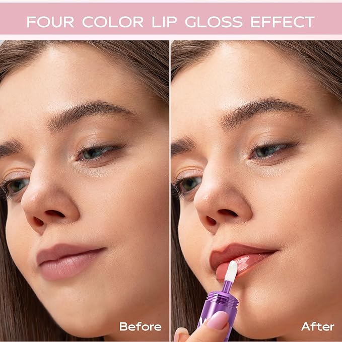 4 In 1 Lip Stain,3 Vivid Color Lip Tints and Clear Lip Gloss,Contains Lip Oil Gloss and Velvety Lip Tint for Matte/Plumping Glossy Lip Look,Moisturizing,Non-Sticky,Long-Lasting,Smudge-Proof