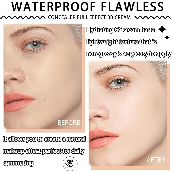 Hydrating CC Cream with Makeup Sponge,Waterproof Flawless Concealer Full Coverage BB Cream and Loose Setting Powder,Long Lasting Full Coverage Liquid Foundation for Men & Women(2 Pcs)