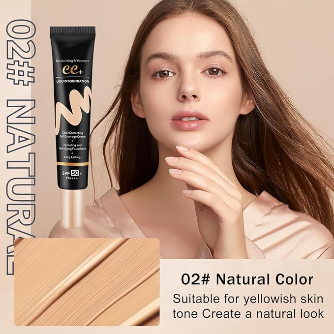 CC Cream with SPF 50+ with Brush, Waterproof Flawless Concealer Full Coverage BB Cream for All Skin Types, Lightweight Powder Foundation Full Coverage, Pre-makeup Primer Refine Skin Texture (Natural)