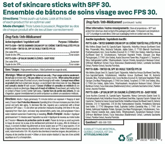 ATTITUDE Oceanly Suncare SPF 30 Routine Skincare Box Set, EWG Verified, Plastic-Free, Broad Spectrum UVA/UVB Protection with Zinc Oxide, Vegan, Unscented, Set of 3 Travel Size Sticks