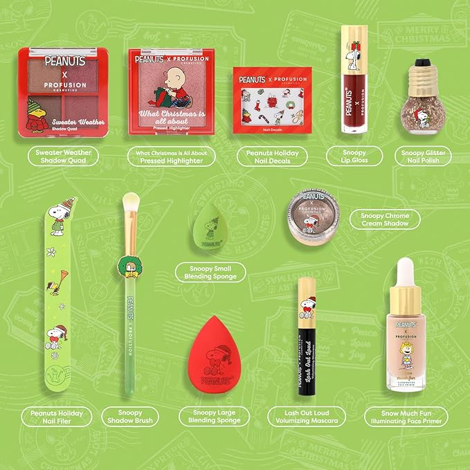 Profusion Cosmetics Peanuts Holiday 12 PC Makeup Essentials, Featuring Highlighter, Primer, Mascara, Nail Decals, and More for Creating Festive Looks