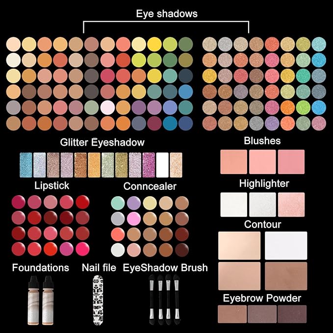 M 187 Colors Professional Makeup Palette - All-in-One Kit With Eye Shadows, Lipsticks, Mascara, Foundations, Blushes, Brow Pencils, Nail File - Makeup Gift Set for Women and Girls