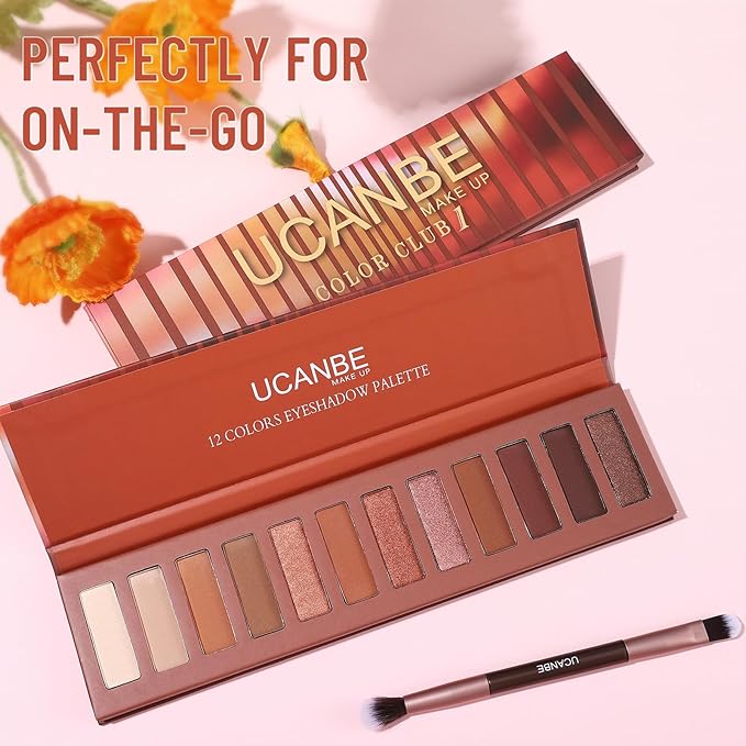 UCANBE 12 Color Eyeshadow Makeup Palette, Naked Nude Eye Shadow, Neutral Matte Shimmer Make Up Pallet with Double-ended Brush Set Kit, Highly Pigmented Long Lasting Waterproof