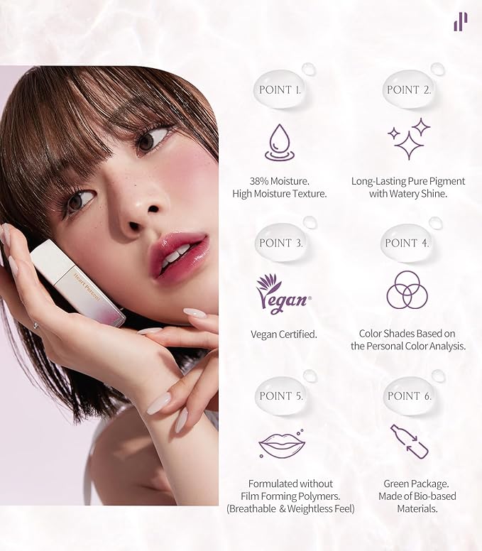 Heart Percent Dote On Mood Pure Glow Tint, Watery & Lightweight Moisturizing Lip Stain Long Lasting Liquid Lipstick 6.8g, #02. Pink Rose