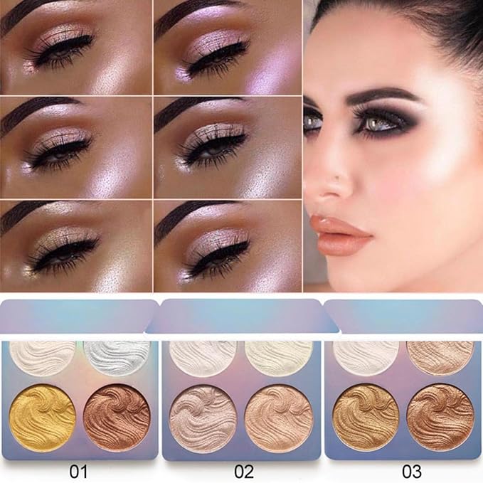 Highlighter Powder Palette, Illuminator Palette Highlighter Baked Waterproof Long Lasting Brilliant Lighten Skin Color Face Contour Powder (A3)