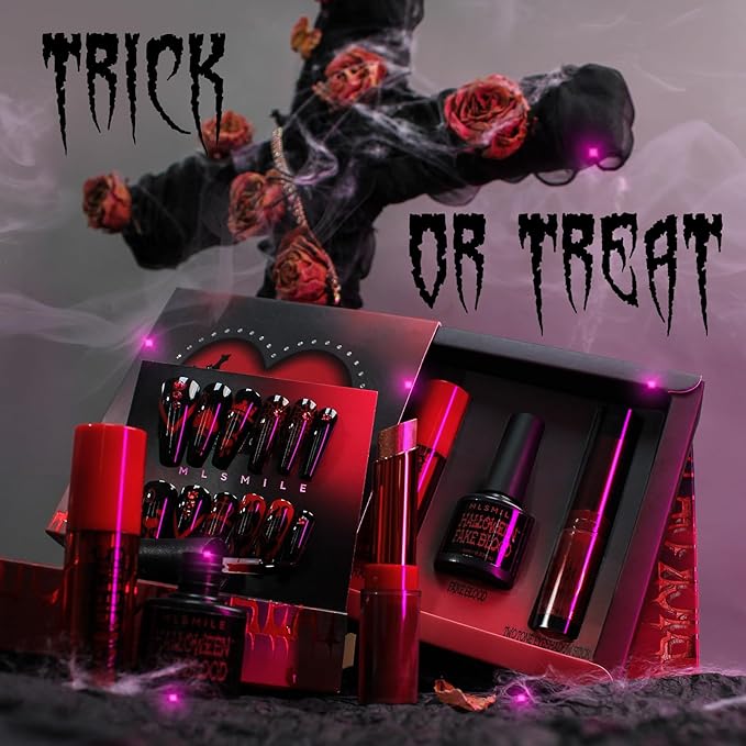Halloween Makeup Kit,Halloween Press On Nail With Tools,SFX Make up Set Fake Blood Cream,Powder Lipstick,two-tone eyeshadow,2024 New Halloween Party Supplies