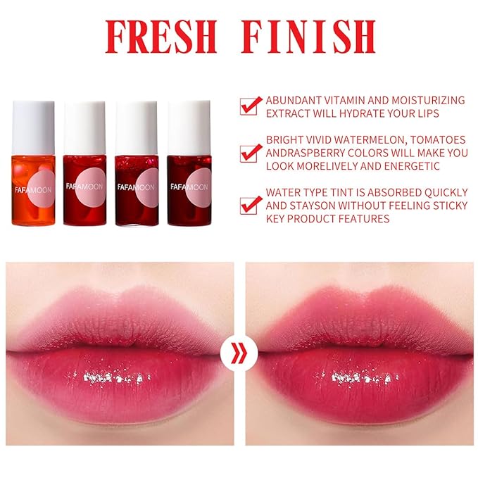 4PCS Korean Lip Gloss Set, Lip Tint Stain Set,Mini Liquid Water Tint,Moisturizing Natural,Long Lasting Waterproof,Multi-Use Lip and Cheek Tint(Apple& Strawberry& Watermelon& Cherry)