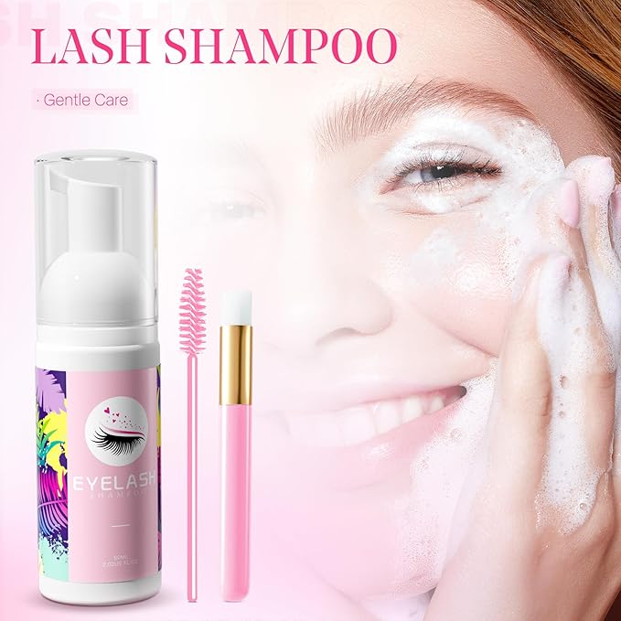 Buqikma Lash Wash for Eyelash Extension, 60Ml/2.11fl.Oz Eyelash Shampoo Kit with Lash Shampoo Brushes Gentle Lash Extension Cleanser for Professional Salon Use and Home Use