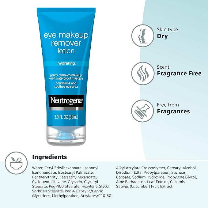 Neutrogena Hydrating Eye Makeup Remover Lotion, Gentle Daily Makeup Remover with Skin-Soothing Aloe and Cucumber Extracts to Remove Even Waterproof Mascara, Fragrance-Free, 3 oz