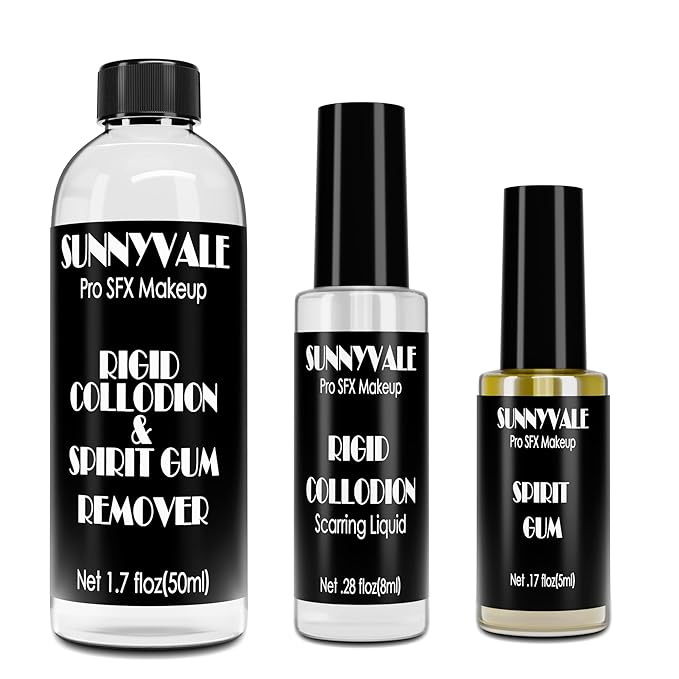 SUNNYVALE Spirit Gum Adhesive + Rigid Collodion + Remover Kit - 5ml Scarring Liquid + 8ml Body Glue for Skin with SFX Makeup Remover 50ml, Professional for Halloween, Costume, Stage, Cosplay Makeup