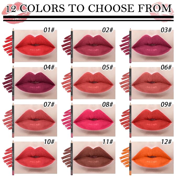 12 Colors Matte Lip Liner Set,Velvet Long Lasting Professional Nude Lip Liner Pencil,Waterproof Non-marking Lip Liner Stain Lipliner Set