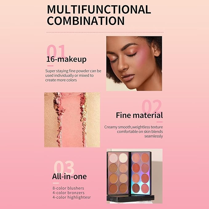 Blush Contour Highlighter Makeup Palette, 16 Color All-in-One Matte Shimmer Bronzer Facial illuminator Palette with Makeup Brush, Long Lasting and Soft Powder, Pro Makeup Powder Kit