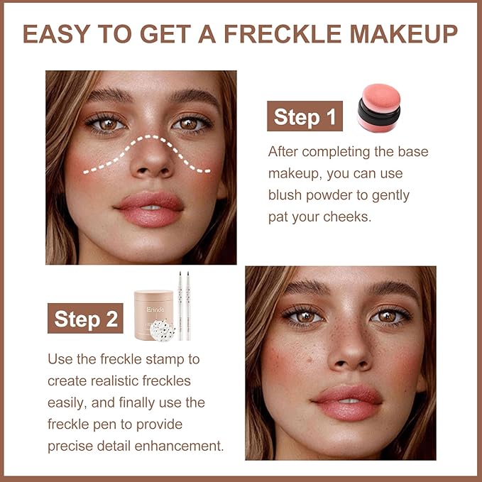 Erinde Natural Freckle Blush Makeup Kit - Liquid Freckle Pen & Fake Freckles Stamp Air Cushion & Powder Cushion Blush, Long Lasting Waterproof Freckles Tattoo Marker for Natural Sunkissed Makeup