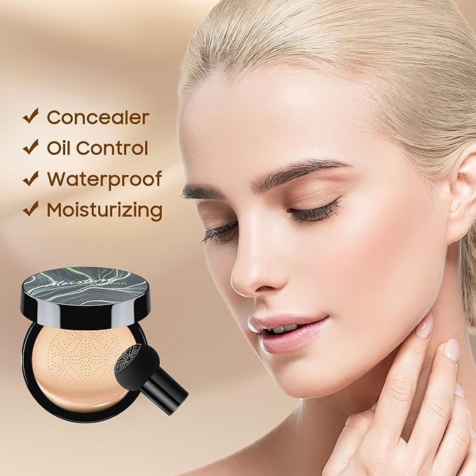 Mushroom Head Air Cushion CC Cream Foundation- Brightening Color Changing Foundation for Older Women, Moisturizing Full Coverage Self Adjusting Concealer Long-Lasting, Natural Finish (Buff Beige)