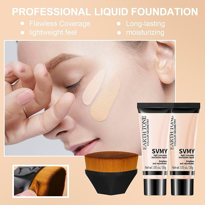 Foundation Kit Full Coverage Foundation Primer Powder Makeup Set Kabuki Makeup Brushes Foundation Brush Powder Brush 3 Pcs Makeup Sponge