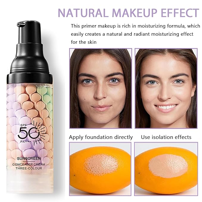 3 In 1 Primer for Face Before Makeup, SPF 50 Sunscreen Isolation Cream, One Step Color Corrector Primer, Hydrating Skin Corrector, Oil-Control & Matte Finish, Pore & Line Blurring for Radiant Tone