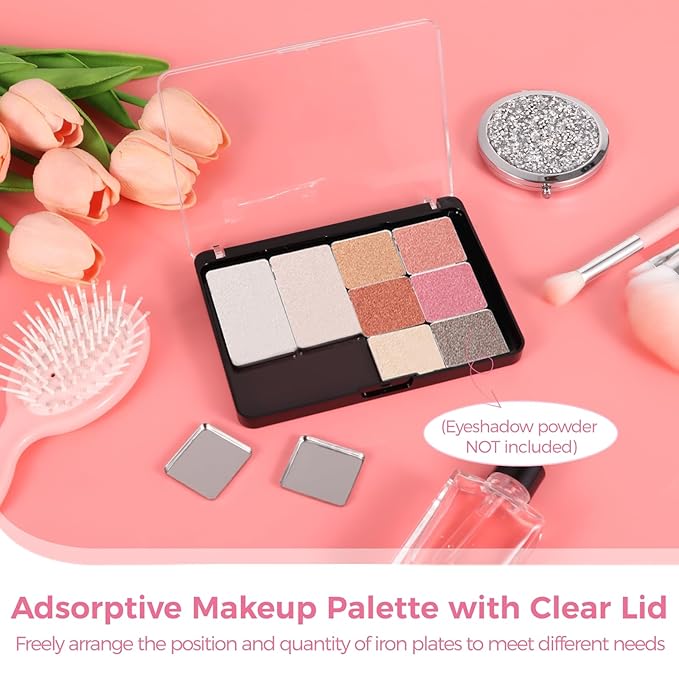 4 Pcs Adsorptive Makeup Palettes, Empty Eyeshadow Organizer with Clear Lid, 10 Grids Eyeshadow Tray with Removable Square Metal Pans for Lipstick Blush Powder (Not Included Eyeshadow Powder)