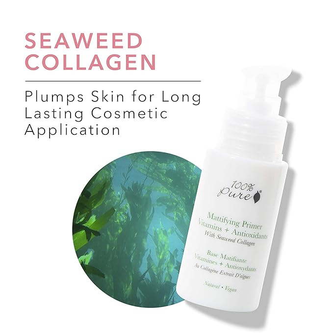 100% PURE Mattifying Face Primer Plumping Makeup Base & Moisturizer with Anti-Aging Seaweed Collagen - Long-Lasting Matte Pore Diminishing Cosmetics Prep, Flawless Smooth Skin Hydration - 1 oz