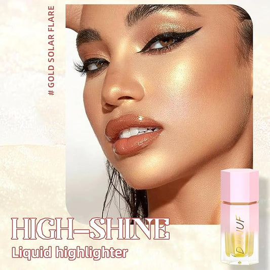 Liquid Highlighter, Natural Glow Liquid Luminizer, High Glossy Cream Highlighter Makeup with Cushion Applicator, Smooth Silky Lightweight Liquid Illuminator for Face & Body, Shake to Use-Gold