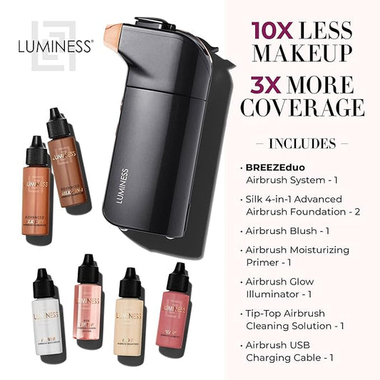 Luminess Breeze Duo Airbrush Makeup System, Deep Coverage – 9-Piece Kit includes 2x Silk Airbrush Foundation, Apricot Shade Blush, Glow Highlighter, Moisturizer Primer, and Airbrush Cleaning Solution