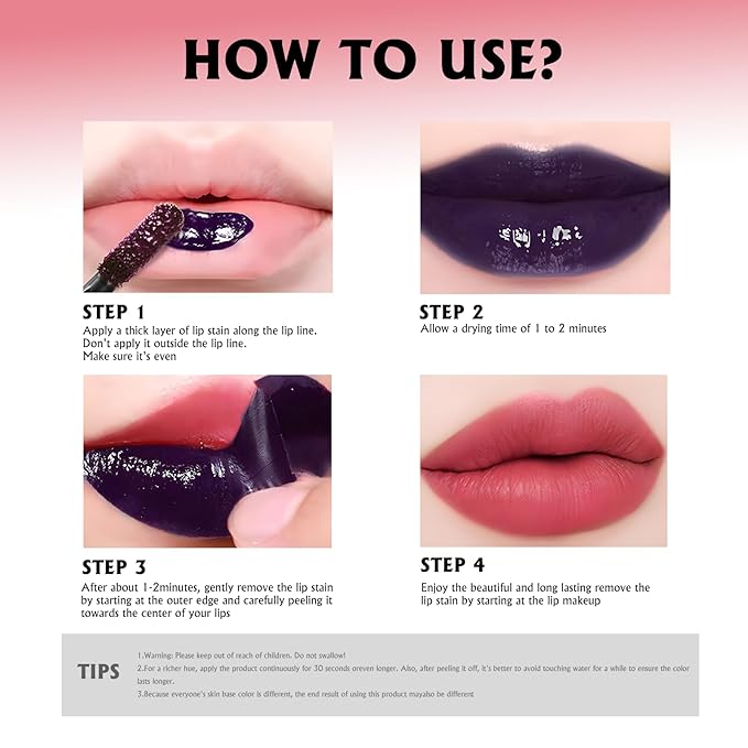 Peel Off Lip Stain, Hot Pink Lip Stain Peel Off Long Lasting Waterproof Lip Tint Stain Peel Off Matte Finish Pigmented Lip Liner Stain Tattoo Color Non-Stick Cup Liquid Lip Gloss Makeup