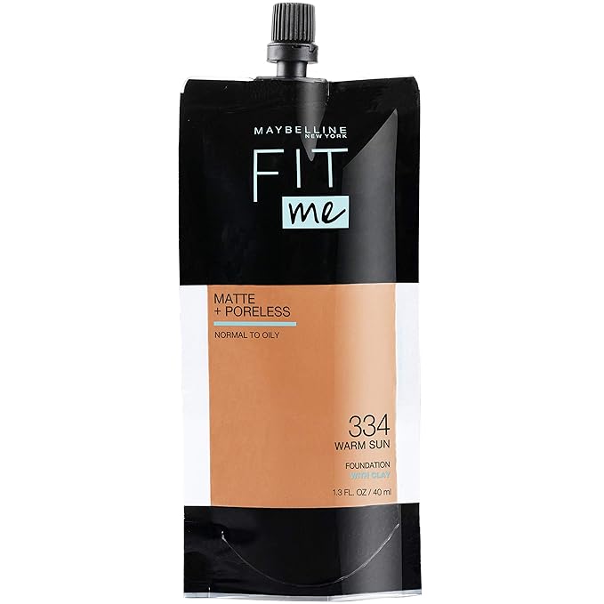 Maybelline New York Fit Me Matte + Poreless Liquid Foundation, Pouch Format, 334 Warm Sun, 1.3 Ounce