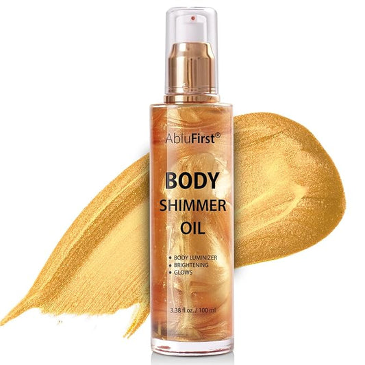 Shimmer Body Oil Summer Body Glitter Moisturizing Light Shimmer Glow Non-Sticky Summer Body Luminizer and Illuminator Smooth (2.8 Fl Oz (Pack of 1), Gold)