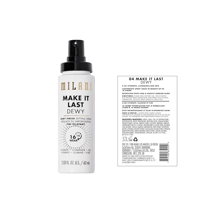 Milani Setting Spray + Primer, Make It Last Dewy - Dewy Finish Moisturizing Formula for Glow on the Go, Setting Spray for Makeup and Face Primer, Prime + Set + Hydrate, 2.03 Fl. Oz - 2 Pack