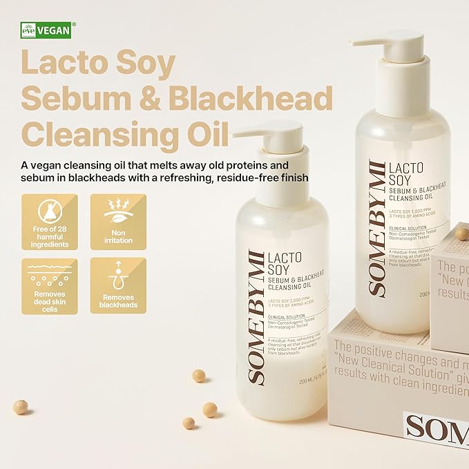 SOME BY MI Lacto Soy Sebum & Blackhead Cleansing Oil - 6.76Oz, 200ml - Daily Vegan Makeup-Removing Korean Oil Cleanser for All Skin Types - Deeply Cleanses Pore-Clogging Impurities - Korean Skin Care