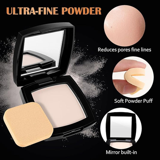 Setting Powder, Oil Control Pressed Powder, Long-Lasting Matte Face Powder Pore Minimization, Flawless Finishing Powder Makeup, Portable Face Powder Compact with Mirror and Puff