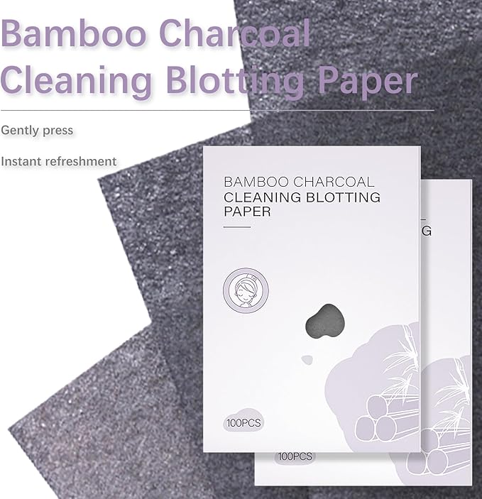 200-Count Natural Bamboo Charcoal Oil Absorbing Tissues - Easy Dispensing Design, Premium Face Blotting Sheets for Skin Care or Makeup Essentials