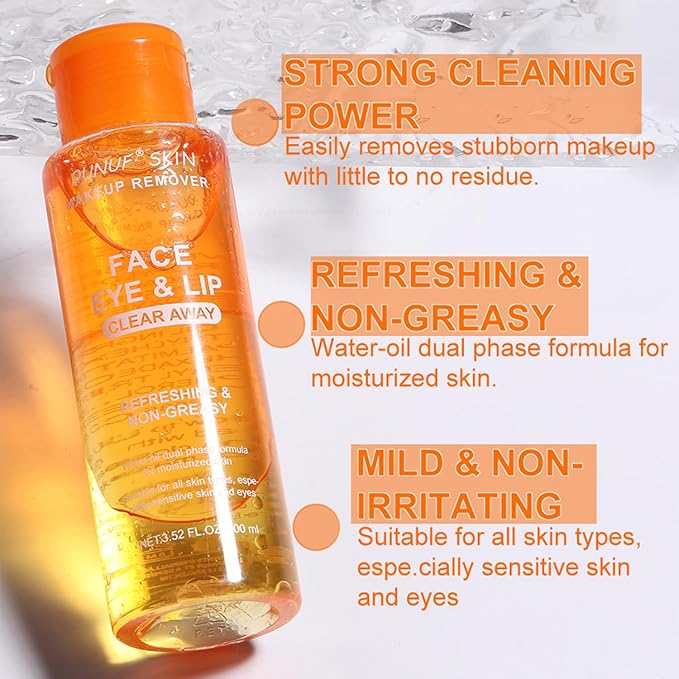 Oil-Free Dual Phase Makeup Remover – Gentle on Sensitive Eyes, Removes Waterproof Makeup | Moisturizing 3-in-1 Formula (100ml ORANGE)
