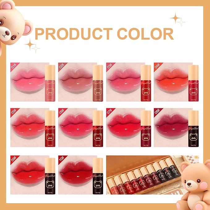 10 Colors Liquid Tint Stain Set, Korean Lip Gloss Moisturizing Natural Mini Liquid Lipstick, Long-Lasting & Non-Stick Cup, Multi-Use Lip and Cheek Tint Stain